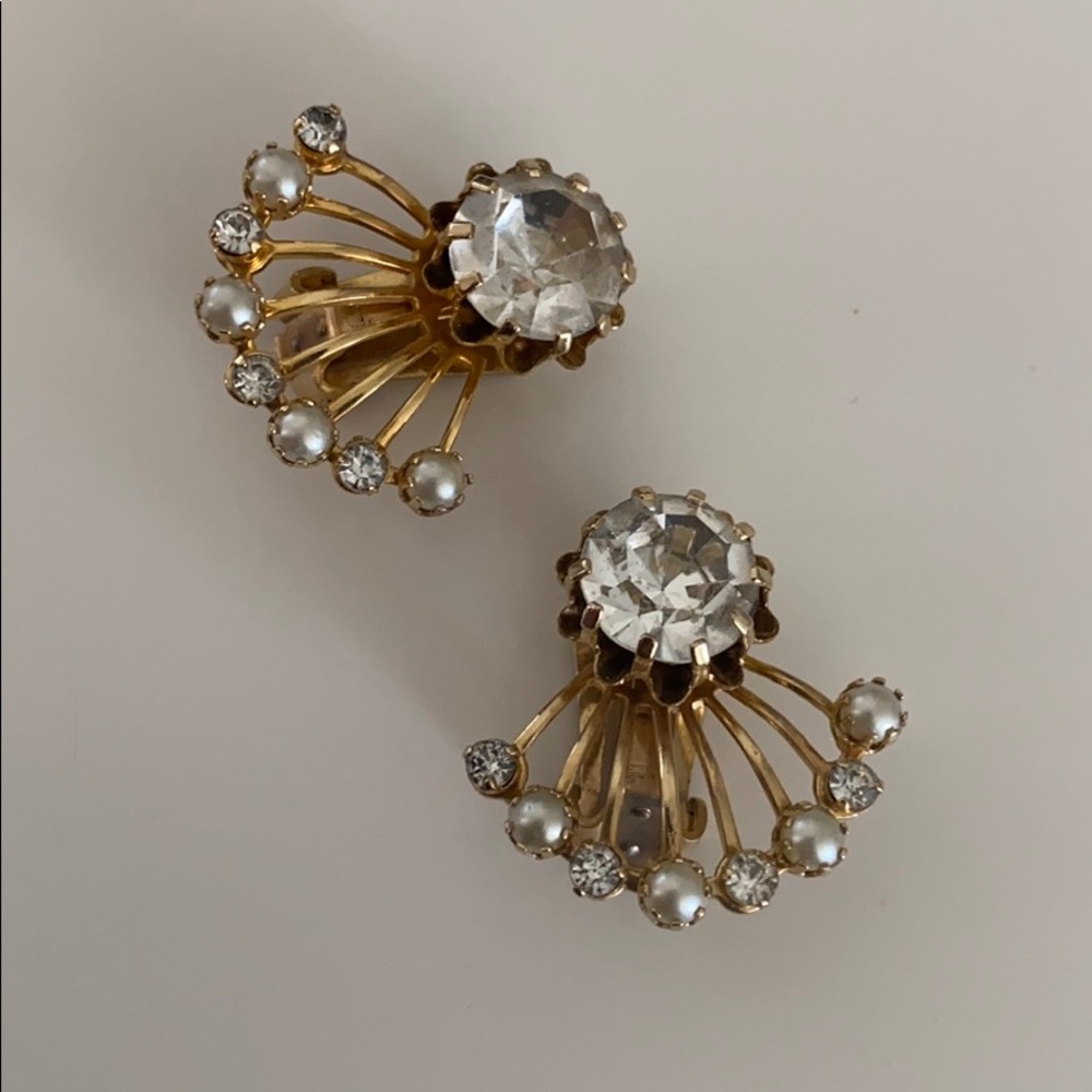 Vintage Rhinestone Pearl Clip On Wedding Earrings